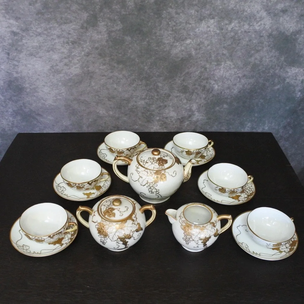 Antique Japanese T.S. Nippon Porcelain Gold Moriage Grape Leaf Tea Set